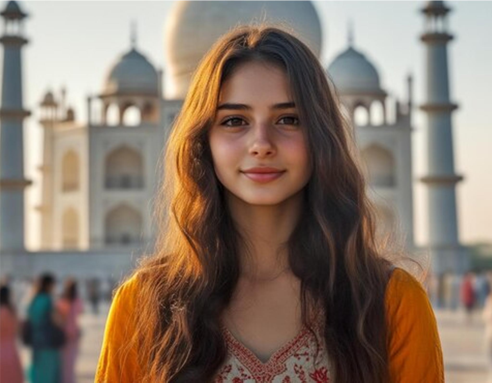 Woman in front of the Taj Mahal at sunset
